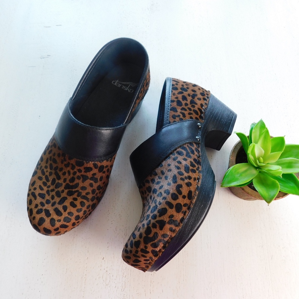 DANSKO ~ Sz 37 LEOPARD Print Black Leather Clogs